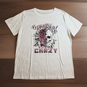 XXL XL Beautiful Crazy Floral Skull White Stretch T-Shirt